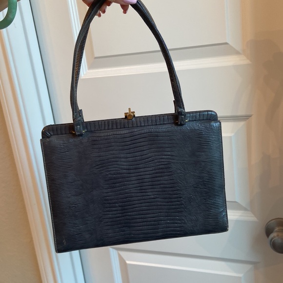 Gray Vintage Animal/ Snake Embossed Tote Purse Gold Hardware Double tote handle - Picture 10 of 10